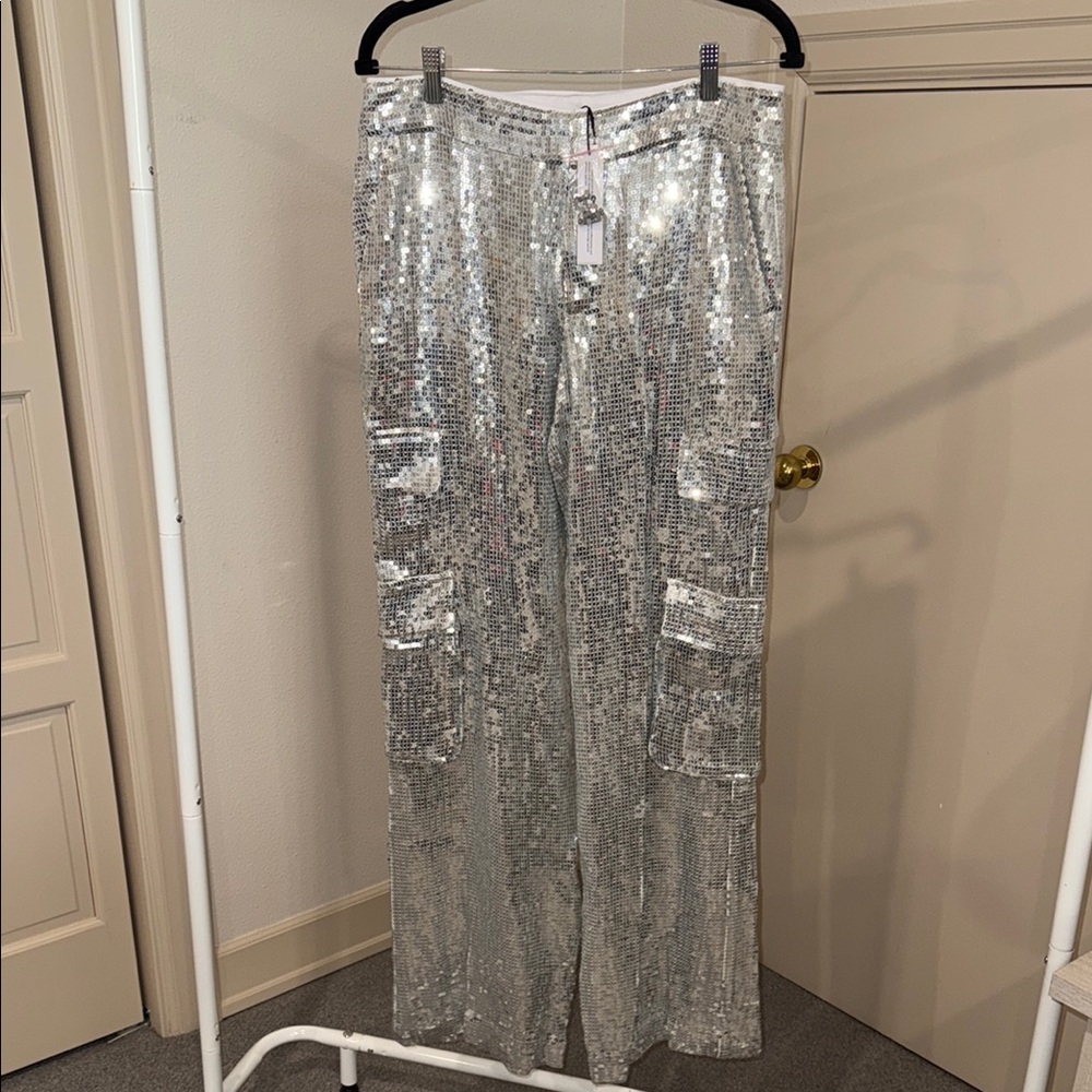 Alice & Olivia Sequin Wide Leg Cargo Pants